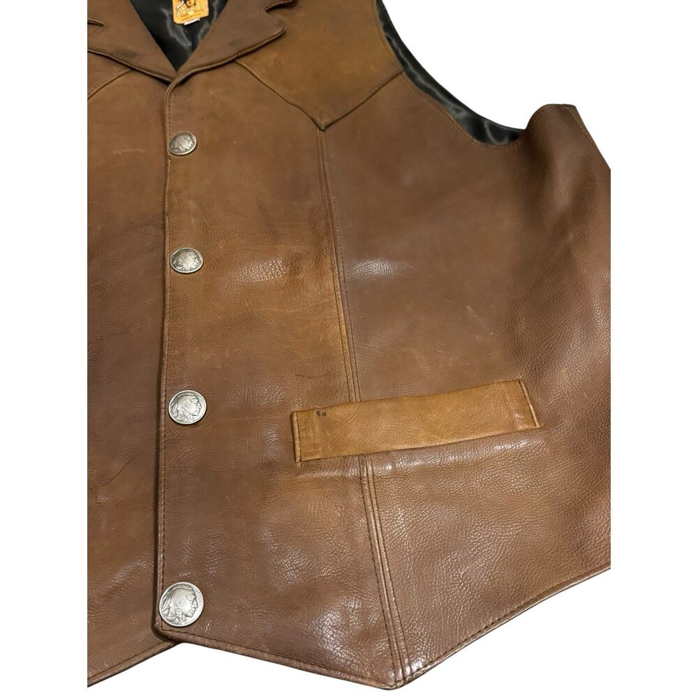 Tribe America Leather Vest Mens Size 46 Brown Buffalo Nickel Snaps Lined USA - Picture 2 of 14